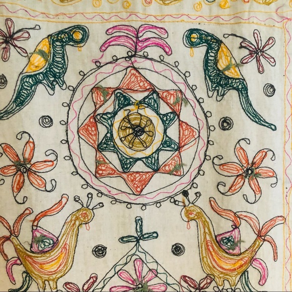 Vintage Indian Embroidered Handmade Elephant and Rooster Boho Wall Hanging - Picture 7 of 7